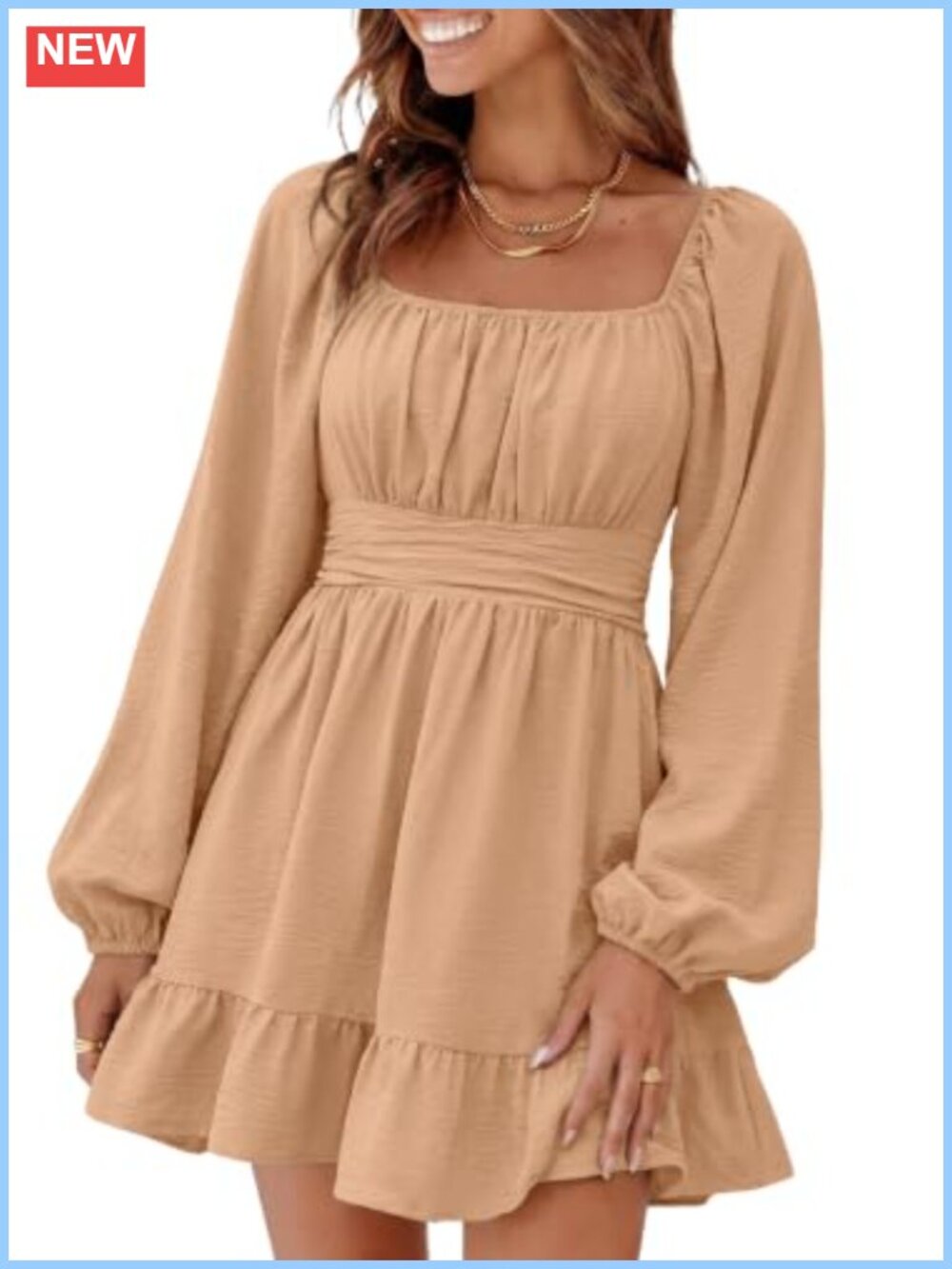 Dokotoo Women's Lantern Sleeve Elastic Waist Tie Back Mini Dress